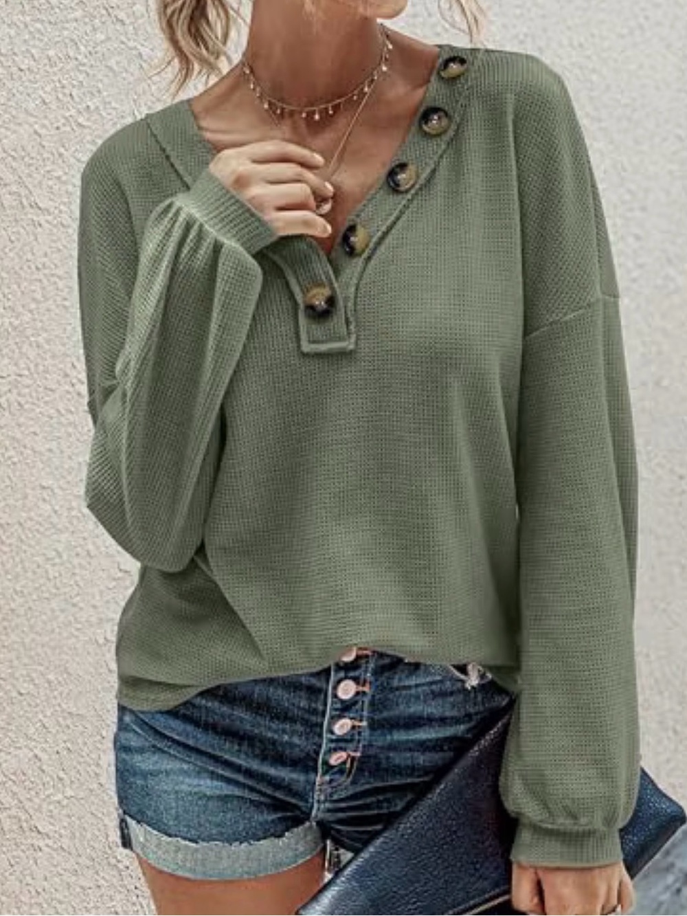 Olive Waffle Knit Button-Accent Women's Pullover